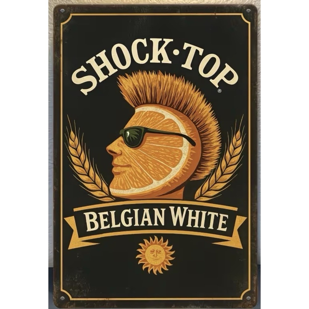 Shock Top Belgian White Beer Tin Sign Orange Punk Bar Pub Wall Decor 12x8